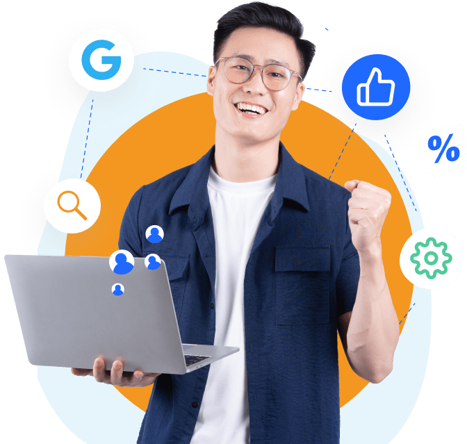 SoftX Google Ads Expert - Chuyên gia quảng cáo Google với laptop và các biểu tượng Google